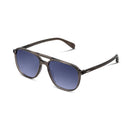 Side angle of grey Sunglasses with blue lenses on a white background.