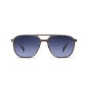 A pair of aviator-style sunglasses with a matte grey brown frame and blue gradient lenses, shown against a plain white background.