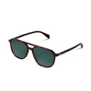 A pair of aviator-style sunglasses with a dark brown tortoiseshell frame and dark green lenses, shown on a plain white background.