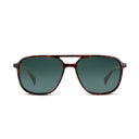 A pair of aviator-style sunglasses with a dark tortoiseshell frame and dark green lenses, shown from the front on a plain white background.