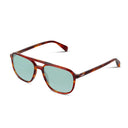 Sunglasses with tortoiseshell frame and light blue lenses on a white background