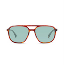 A pair of square aviator-style sunglasses with a translucent tortoiseshell frame in reddish-brown and light blue-green lenses, shown against a plain white background.