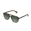 Olive sunglasses with a reflective lens on a white background