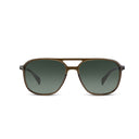A pair of aviator-style sunglasses with a olive colored acetate frame and gradient grey lenses, shown against a plain white background.