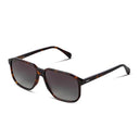 A pair of square-frame sunglasses with dark brown tortoiseshell acetate frames and dark gray gradient lenses, shown on a clean white background.