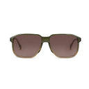 A pair of square sunglasses with a translucent olive green frame and brown gradient lenses, shown from a front-facing perspective on a solid white background.