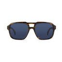 Front angle of sunglasses with dark blue lenses on a white background. 