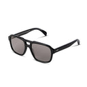Black sunglasses with gradient grey lenses on a white background. 