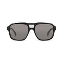 Front angle of black sunglasses with dark lenses on a white background. 