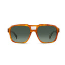Front angle of sunglasses with gradient dark lenses on a white background. 