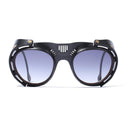 Lucas de stael round leather sunglasses - with eye cover on sides - black color - front photo