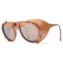 Lucas de stael round leather sunglasses - with eye cover on sides - camel color - side photo