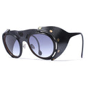 Lucas de stael round leather sunglasses - with eye cover on sides - black color - side photo