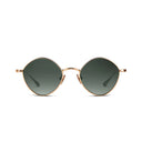 Rose gold colored sunglasses frame on a white background. 