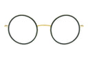 Round eyeglasses with green and gold frame on a white background
