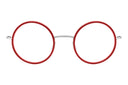 Round eyeglasses with red and silver frames on a white background