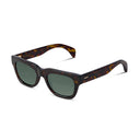 Sunglasses with tortoiseshell frame and dark lenses on a white background