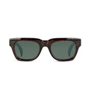 A pair of square sunglasses with a dark brown and black tortoiseshell frame and dark green lenses, shown against a plain white background.
