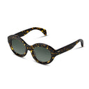 Sunglasses with a dark tortoiseshell patterned acetate frame and dark lenses, shown on a clean white background.