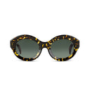 Oval framed sunglasses with dark green lenses on a white background. 