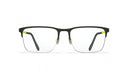 Black eyeglasses with yellow details on a white background