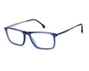 Blue acetate rectangular eyeglasses with clear lenses and black temple tips, shown on a plain white background.