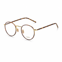 Side angle of tortoiseshell framed round eyeglasses on a white background.