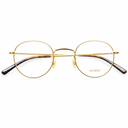 Front angle of gold framed eyeglasses with adjustable nosepad on a white background.