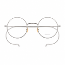 Front angle of round silver eyeglasses on a white background. 