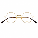 Round metal eyeglass frames with thin gold-tone rims and bridge, dark brown tortoiseshell temples, shown against a plain white background.