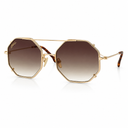 Hexagonal gold-framed sunglasses with gradient brown lenses and tortoiseshell temple arms, shown on a clean white background.
