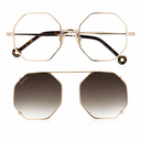 Two views of octagonal metal sunglasses on a white background: one showing the front with gold-tone frames and dark brown gradient lenses, and the other showing the back with tortoiseshell temples and a gold round screw detail.