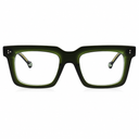 A pair of thick, square-framed eyeglasses with a translucent olive green acetate finish and clear lenses, shown against a plain white background.