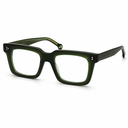 Olive green acetate square eyeglasses with clear lenses, displayed at a three-quarter angle on a white background.