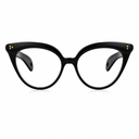 Black cat-eye eyeglasses with clear lenses and small gold dot accents on the temples, shown against a plain white background.