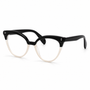 Black and clear acetate cat-eye eyeglasses on a clean white background.