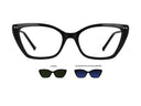 Black cat-eye eyeglass frames shown on a white background, with two smaller inset views below labeled GREEN and GRADIENT BLUE POLARIZED, showing the lens options.