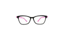 Black cat-eye eyeglasses with vibrant pink inner temples, shown from the front on a solid white background.