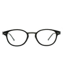 Black round eyeglasses with clear lenses, shown from the front on a solid white background.