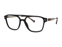 A pair of men's square eyeglasses featuring a thick black front frame, silver metal double bridge, and tortoiseshell temples with a silver-tone logo accent.