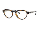 A pair of round eyeglasses featuring a dark brown and amber tortoiseshell acetate frame with silver metal temples, shown against a plain white background.