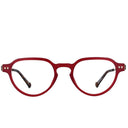 Front angle of round eyeglasses with red frame on a white background. 