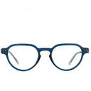 A pair of round eyeglasses with a translucent dark blue acetate frame and clear lenses, shown against a plain white background.