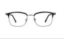 Black eyeglasses with adjustable nosepad on a white background. 