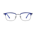 Front angle of blue eyeglasses on a white background.