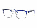 Side angle of blue eyeglasses on a white background.