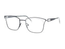 Side angle of grey eyeglasses with adjustable nosepad on a white background.