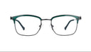 Front angle of green eyeglasses with adjustable nosepad on a white background.