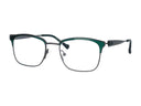 Side angle of green eyeglasses on a white background.