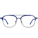A pair of aviator-style eyeglasses with a blue acetate brow and upper frame, combined with a thin black metal lower frame and temples.